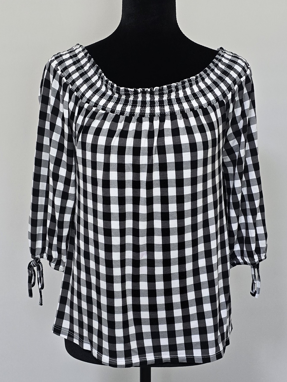 Black and White Gingham Off-Shoulder Blouse